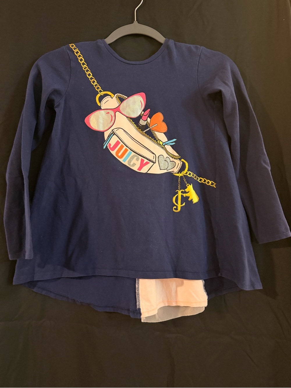 Juicy Couture Navy Long-Sleeve Graphic Tee with Colorful Fanny Pack Print